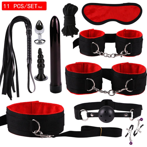 11PCS Set Leather Sex Toys for Adult Game Erotic BDSM Sex Kits Bondage Handcuffs Sex Game Whip Gag SM Bdsm Toys Nipple Clamps
