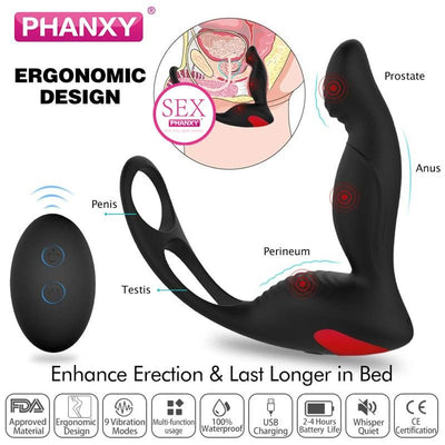 Phanxy Masculino Massagem De Pr¨®stata Vibrador Anal Plug Silicone ¨¤ Prova Dwaterproof ¨¢gua Massageador Estimulador Butt Delay Ejacula??o Anel Brinquedo Para Homem